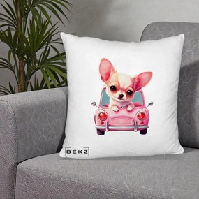 Perna Decorativa Chihuahua Roz in Masinuta, 40x40 cm, Alb Pufos, Husa Detasabila, Perna Inclusa, BEKZ®