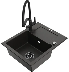 Mexen Enzo chiuvetă de granit cu 1 cuvă cu scurgător și baterie de bucătărie Duo, negru/auriu metalizat - 6506-75-671701-70-B