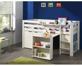 Pat multifunctional din lemn de pin, cu birou si biblioteca pentru copii Pino Alb, 200 x 90 cm