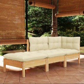 Set mobilier gradina cu perne crem, 3 piese, lemn masiv de pin maro si crem, 1