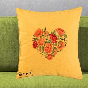 Perna Decorativa Inima din Bujori Acuarela, 40x40 cm, Galben, Husa Detasabila, Perna Inclusa, BEKZ®