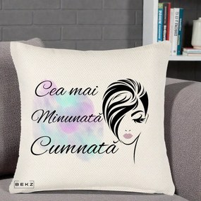 Cadou pentru Cumnata - Perna Personalizata Cea mai Minunata Cumnata cu Silueta Dama si Pete Multicolor, 40x40 cm, Crem Reliefat, Husa Detasabila, Perna Inclusa, BEKZ®
