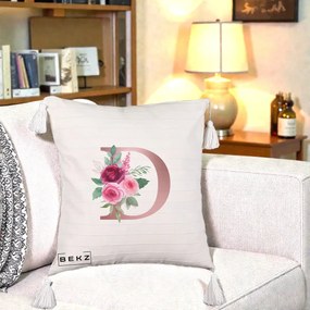 Cadou Personalizat - Perna Personalizata Monograma Rose Gold Litera D, 40x40 cm, Bej cu Franjuri, Husa Detasabila, Perna Inclusa, BEKZ®