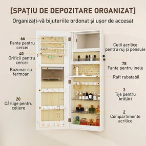 HOMCOM Dulap pentru bijuterii de perete sau pentru ușă, cu oglindă interioară și LED, cu încuietoare și cheie, buzunar cu fermoar, alb | Aosom Romania