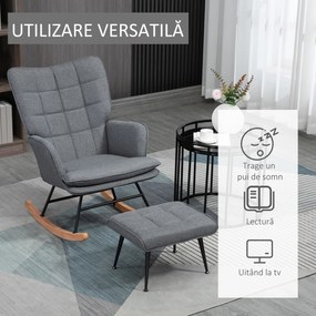HOMCOM Scaun Balansoar cu Taburet în Stofă Tip In și Lemn de Cauciuc, Fotoliu Balansoar cu Pernă, Spătar Înalt, Cotiere, Capacitate 130 kg, pentru Dormitor Living, Gri | Aosom Romania