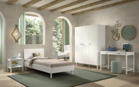 Set Complet Mobilier Camera Copii Forrest Beech, Pat 90x200 cm, Dulap, Noptieră și Birou, din Lemn de Fag Lăcuit Alb – Vipack