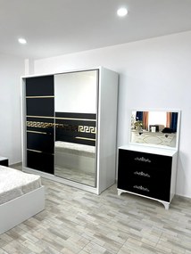 Dormitor Palermo, culoare alb / negru, cu pat tapitat 160 x 200 cm, dulap cu 2 usi, comoda cu oglinda, 2 noptiere
