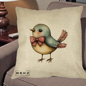 Perna Decorativa Pasare Bleu cu Fundita Rosie, 40x40 cm, Crem, Husa Detasabila, Perna Inclusa, BEKZ®