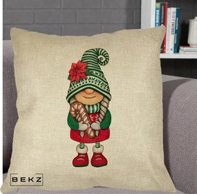 Perna Decorativa Gnom Craciun Verde cu Bomboane si Floare, 40x40 cm, Crem, Husa Detasabila, Perna Inclusa, BEKZ®