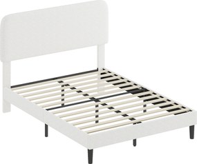HOMCOM Cadru de pat 140x190cm cu somieră, tăblie reglabilă, pat dublu tapițat în velur Teddy, lamele metalice, alb | Aosom Romania