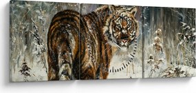 Tablou - Tigru într-o pădure înzăpezită, pictură în ulei (cu ceas) (90x30 cm)