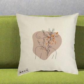 Perna Decorativa Femeie cu Flori Line Art Boho, 40x40 cm, Ecru, Husa Detasabila, Perna Inclusa, BEKZ®