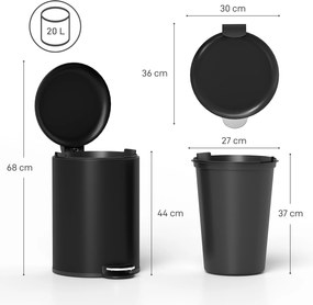 HOMCOM Coș de gunoi pentru bucătărie de 20 L, coș metalic rezistent la amprente cu capac Soft-Close, pedală și coș interior detașabil, Negru | Aosom Romania