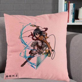 Perna Personalizata Attack on Titan Mikasa Ackerman Lupta, 40x40 cm, Roz, Husa Detasabila, Perna Inclusa, BEKZ®