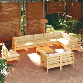 3096785 vidaXL Set mobilier grădină cu perne crem, 11 piese, lemn masiv de pin