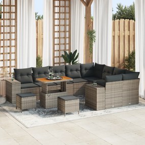 vidaXL Set de mobilier de grădină din 12 piese, cu perne gri, din ratan poliesteric și masă din acacia