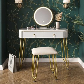 SEA398 - Set Masa toaleta, 100 cm, cosmetica machiaj, oglinda cu LED - Alb Lucios - Auriu
