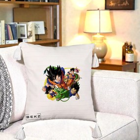 Perna Personalizata Dragon Ball Goku si Shenron Actiune, 40x40 cm, Bej cu Franjuri, Husa Detasabila, Perna Inclusa, BEKZ®
