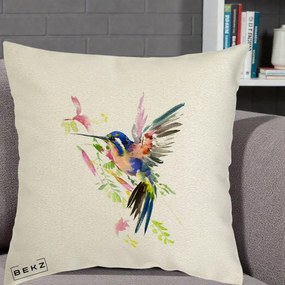 Perna Decorativa Colibri Acuarela, 40x40 cm, Ecru, Husa Detasabila, Perna Inclusa, BEKZ®