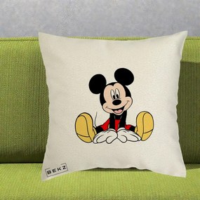 Perna Personalizata Mickey Mouse Relaxat, 40x40 cm, Ecru, Husa Detasabila, Perna Inclusa, BEKZ®