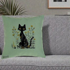 Perna Decorativa Pisica Neagra Ochi Galbeni Flori Galbene, 40x40 cm, Verde, Husa Detasabila, Perna Inclusa, BEKZ®