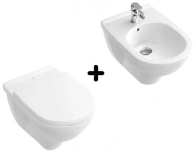 Pachet vas WC rimless suspendat + bideu suspendat, Villeroy&amp;Boch O.novo, cu capac WC inchidere lenta, 5660HR01+54600001