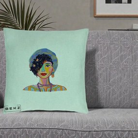 Perna Decorativa Portret Femeie Etnic Colorat, 40x40 cm, Verde Menta, Husa Detasabila, Perna Inclusa, BEKZ®