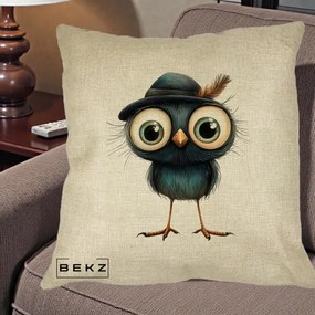 Perna Decorativa Pui Misterios cu Palarie Neagra, 40x40 cm, Crem, Husa Detasabila, Perna Inclusa, BEKZ®