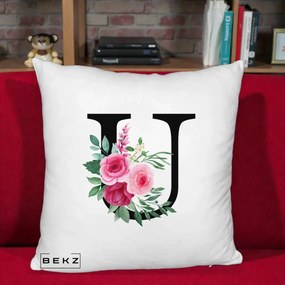 Cadou Personalizat - Perna Personalizata Monograma Florala Litera U, 40x40 cm, Alb Pufos, Husa Detasabila, Perna Inclusa, BEKZ®