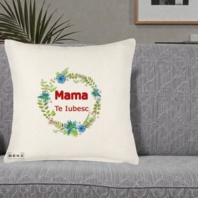 Cadou pentru Mama - Perna Personalizata Mama Te Iubesc Flori Albastre, 40x40 cm, Crem Reliefat, Husa Detasabila, Perna Inclusa, BEKZ®
