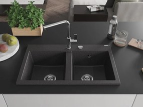 Mexen Hektor chiuvetă din granit cu 2 compartimente 800 x 480 mm, negru pătat, sifon crom - 6521802000-76