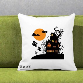 Perna Decorativa Halloween Casa Bantuita cu Fantome, 40x40 cm, Alba Mata, Husa Detasabila, Perna Inclusa, BEKZ®