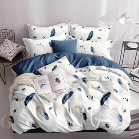 Lenjerie de pat cu elastic, policoton, pat 2 persoane, 4 piese, alb / albastru, R4E-24