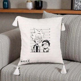 Perna Personalizata Rick si Morty Dosar, 40x40 cm, Bej cu Franjuri, Husa Detasabila, Perna Inclusa, BEKZ®