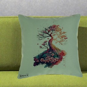 Perna Decorativa Copac Sakura Acuarela Fantasy, 40x40 cm, Verde, Husa Detasabila, Perna Inclusa, BEKZ®