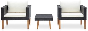 Set mobilier de gradina cu perne, 3 piese, negru, poliratan