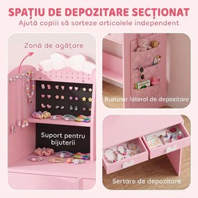 AIYAPLAY Măsuță de Toaletă pentru Copii 3 În 1 cu Taburet, Oglindă cu 2 Tipuri de Lumină și Suport Haine, Roz, 3-8 Ani | Aosom Romania