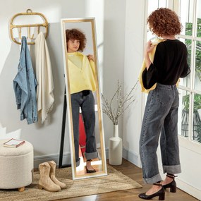 HOMCOM Oglindă de podea lungime întreagă oglindă pe suport cu ramă cu efect lemn, montare pe sol, suspendată, sprijinită, 157 x 37 cm alb | Aosom Romania