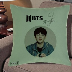 Perna Personalizata K-pop BTS Jimin Portret Cerc Autograf Geaca, 40x40 cm, Verde, Husa Detasabila, Perna Inclusa, BEKZ®