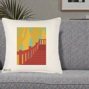 Perna Decorativa Scari Toamna Peisaj Grafic, 40x40 cm, Crem Reliefat, Husa Detasabila, Perna Inclusa, BEKZ®