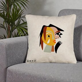 Perna Decorativa Portret Abstract Galben-Ocru, 40x40 cm, Bej Canapea, Husa Detasabila, Perna Inclusa, BEKZ®