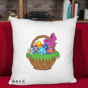 Perna Decorativa Cos cu Oua de Pasti Colorat, 40x40 cm, Alb Pufos, Husa Detasabila, Perna Inclusa, BEKZ®
