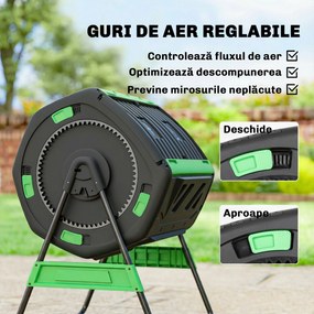Compostor de Grădină Rotativ Outsunny 200L cu Cameră Dublă, Rotație 360°, Guri de Aerisire, Mănuși, din PP Fără BPA, pentru Compostare Deșeuri Organice din Bucătărie, Grădină și Curte | Aosom Romania