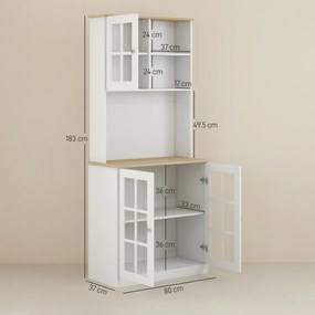 Homcom Bufet Modern din Lemn MDF cu Vitrine, Spațiu Depozitare, pentru Sufragerie și Bucătărie, 80x37x183 cm, Alb | Aosom Romania