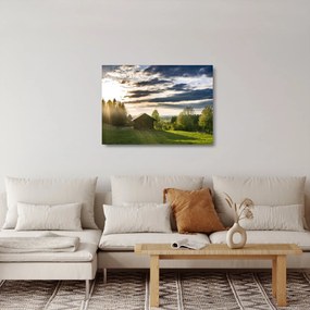 Tablou pe sticlă cu cabana pe luncă (70x50 cm)