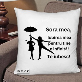 Cadou pentru Sora - Perna Personalizata Sora Mea Te Iubesc Siluete Negre cu Umbrela, 40x40 cm, Alb Pufos, Husa Detasabila, Perna Inclusa, BEKZ®