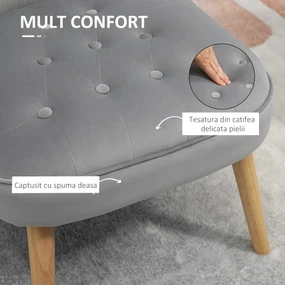 HOMCOM Scaun de Accent Modern, Fotoliu Capitonat de Catifea, pentru Dormitor, cu Picioare din Lemn, Gri | Aosom Romania
