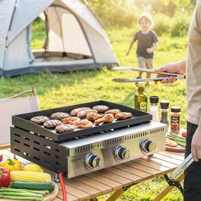 Outsunny Plancha pe gaz 9 kW 3 arzătoare din oțel inoxidabil, suprafață de gătit 56,5 x 33 cm, tavă de colectare a grăsimilor, negru | Aosom Romania