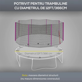 SPORTNOW Plasă Siguranță Trambulină Rotundă 366cm 8 Stâlpi Drepti Tarc Rezervă Plasă Rezistentă Negru Roz | Aosom Romania