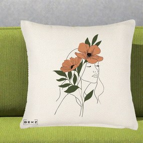 Perna Decorativa Portret Feminin Doua Maci Terracotta, 40x40 cm, Crem Reliefat, Husa Detasabila, Perna Inclusa, BEKZ®